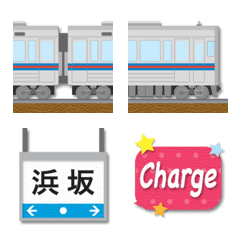 [LINE絵文字] 鳥取 青赤ラインの電車と駅名標 絵文字の画像