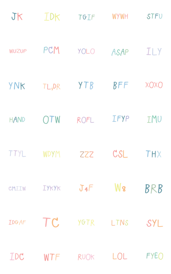 [LINE絵文字]Abbreviation words Pastel colorの画像一覧