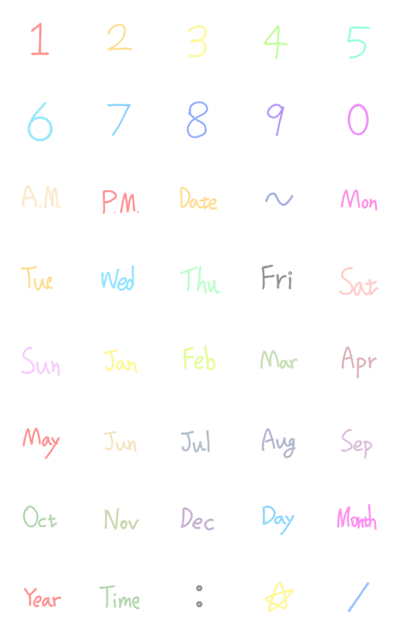 [LINE絵文字]手書きの蛍光色の数字＆カレンダー＆時間の画像一覧