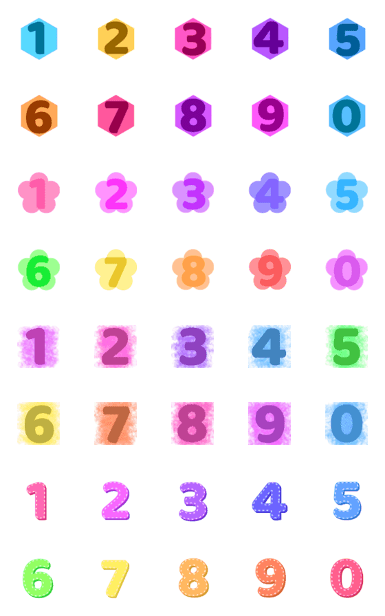 [LINE絵文字]Numbers 0-9, bright colors, four stylesの画像一覧