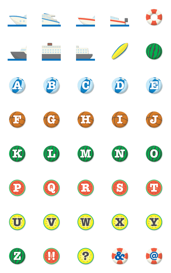 [LINE絵文字]つながる 船とビーチアイテム 英文字の画像一覧
