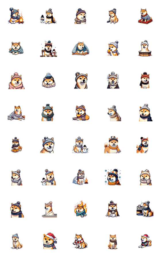 [LINE絵文字]ドット絵 冬の柴犬 絵文字 40種の画像一覧