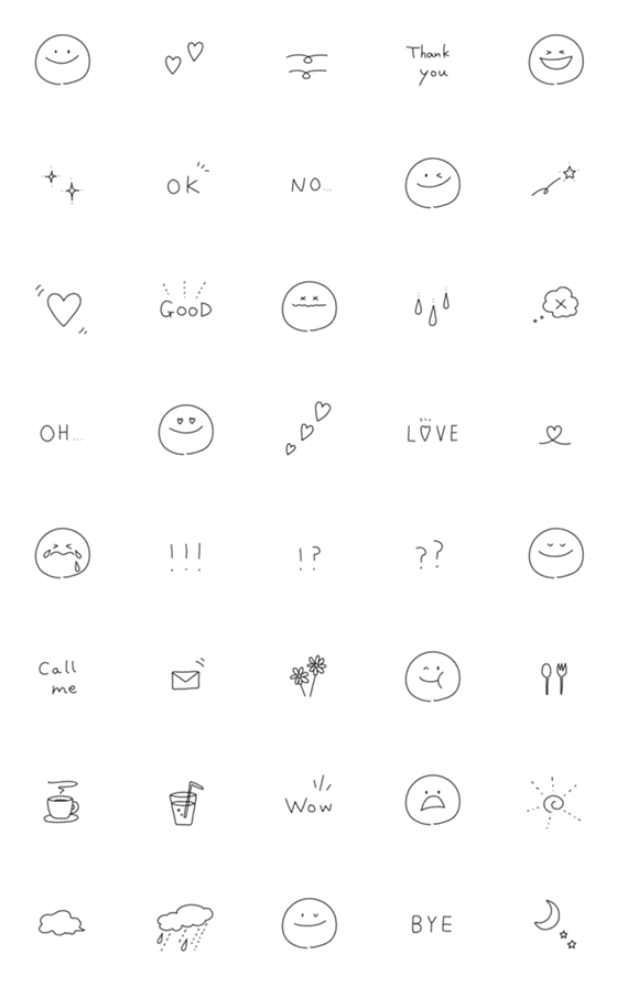 [LINE絵文字]シンプル◎手書き白黒スマイル＆英語5の画像一覧